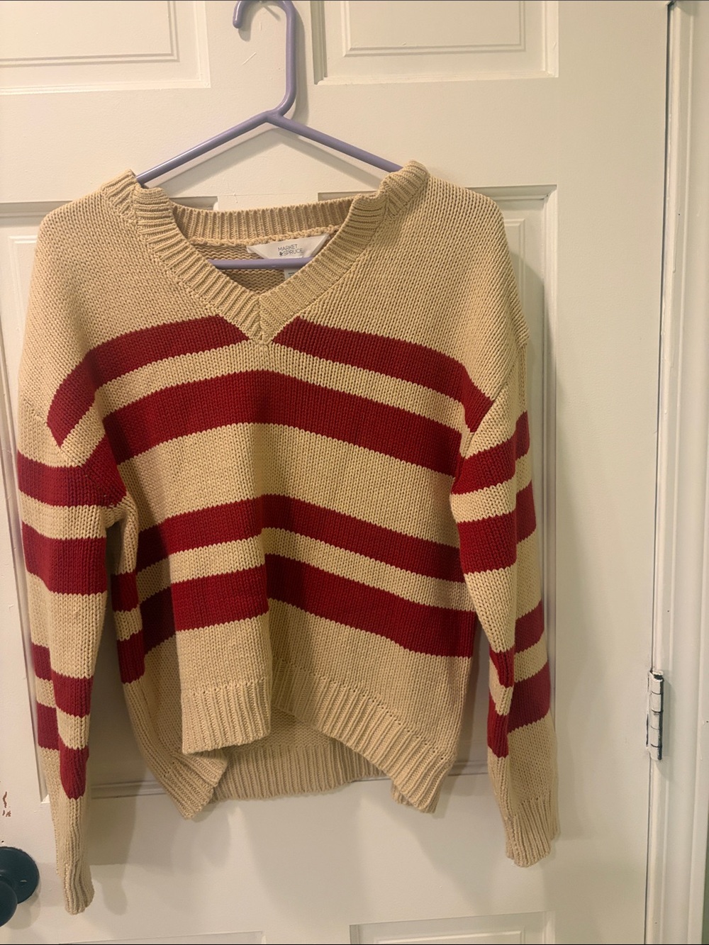 Striped V-Neck Sweater in Beige and Red - Women